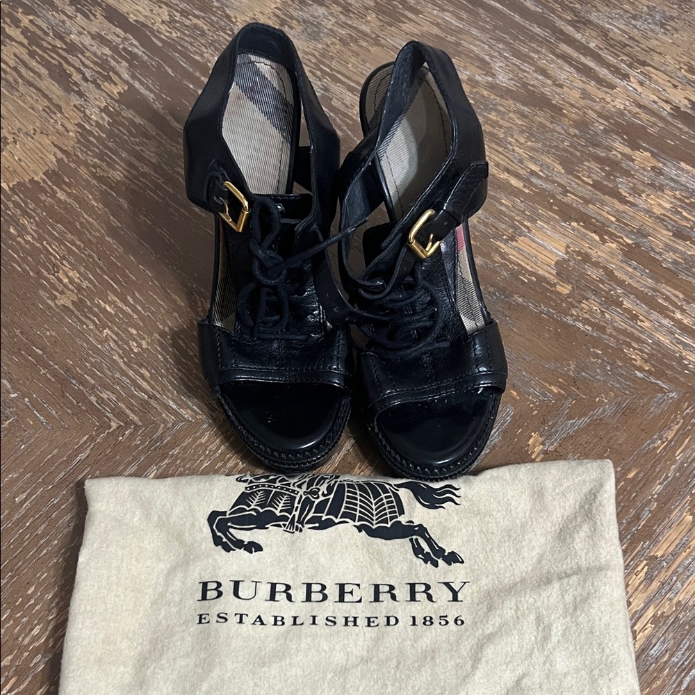 Burberry Black Leather Lace-Up Wedge Sandals with Gold Buckles